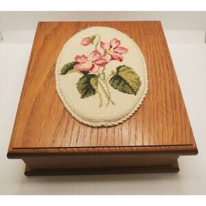 Vintage Oak Hinged Jewelry Keepsake Box Cross Stich Flowers 8.5 X 8 Inches